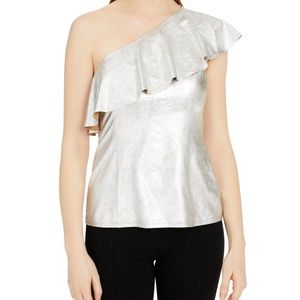 Metallic Faux Leather One Shoulder Ruffle Top